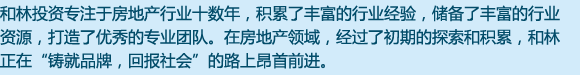 和林投資專于房地產(chǎn)行業(yè)十?dāng)?shù)年，積累了豐富的行業(yè)經(jīng)驗(yàn)，儲(chǔ)備了豐富的行業(yè)資源，打造了優(yōu)秀的專業(yè)團(tuán)隊(duì)。在房地產(chǎn)領(lǐng)域，經(jīng)過了初期的探索和積累，和林目前正在“鑄就品牌，回報(bào)社會(huì)”的路上昂首前行。